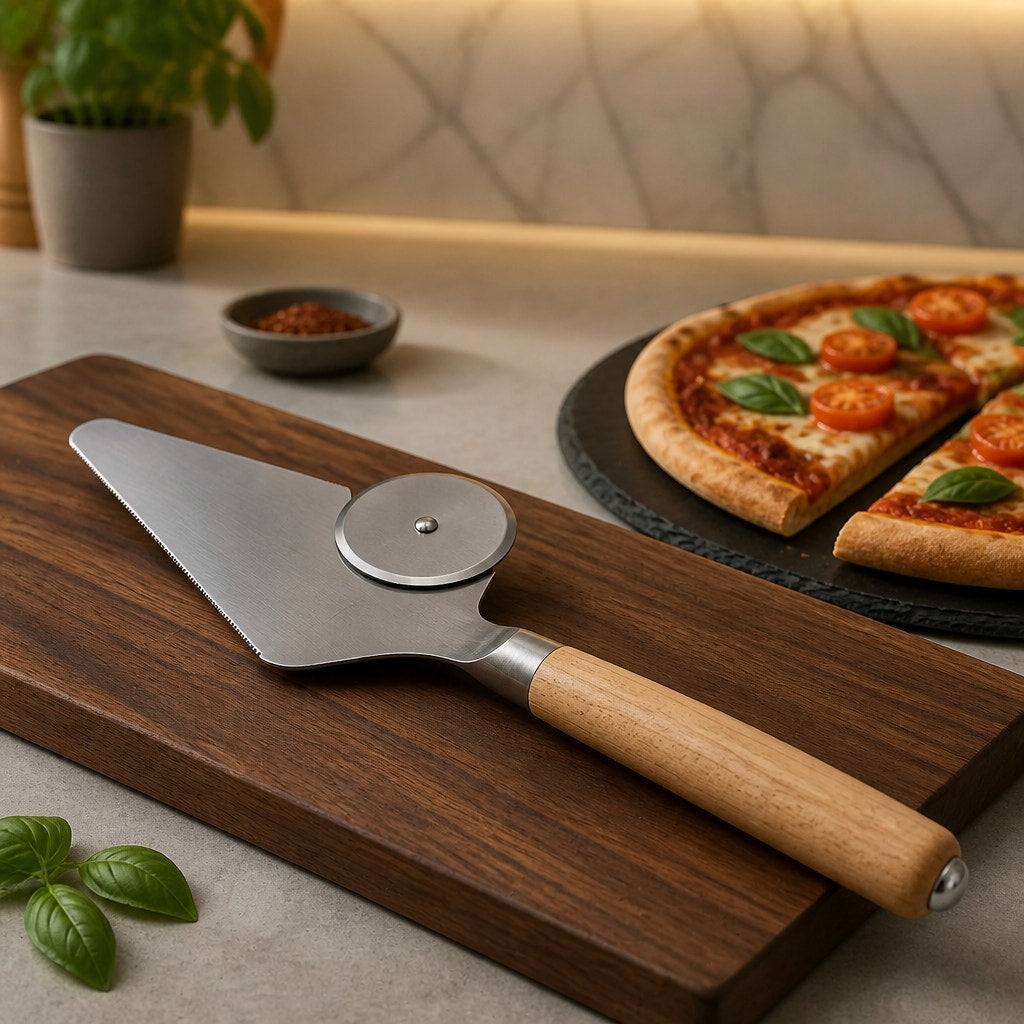 Maple Handle Pizza Cutter and Server Combo, stainless steel blade, hand turned wood, handcrafted kitchen tool, gift ready