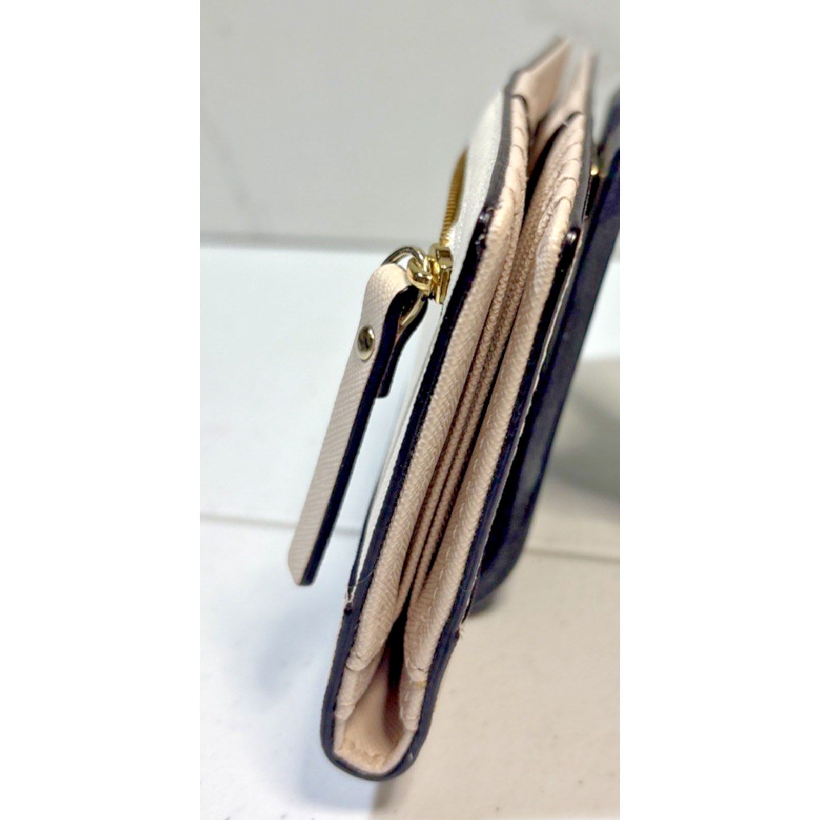 Kate Spade Laurel Way Stacy Snap Wallet Almond Black Leather Saffiano Cream Gold