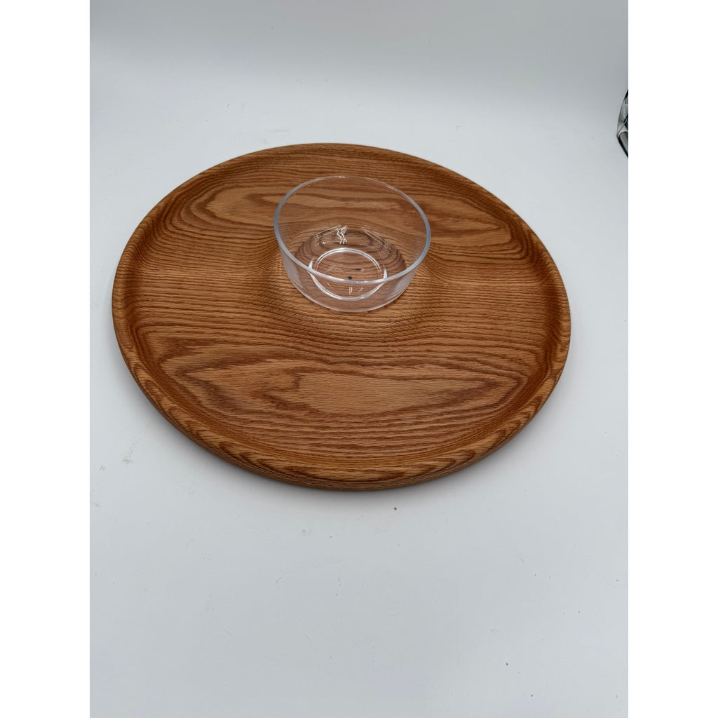Handmade Round Oak Appetizer Tray with Bowl, 17.75 x 1.25 in, functional serving platter, chips salsa veggie server