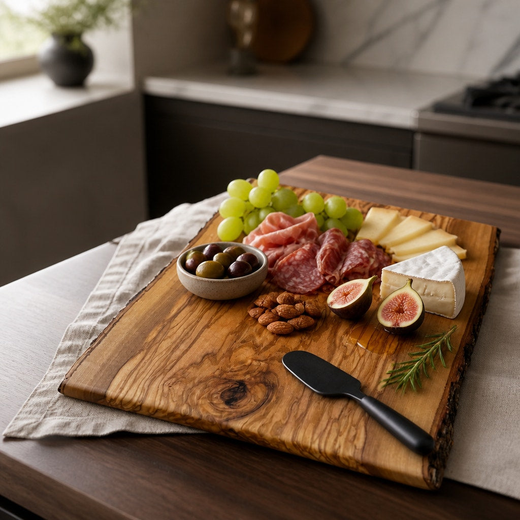 Italian Olive Wood Charcuterie Board Platter, handcrafted serving board, stunning grain, live edge, durable kitchen gift
