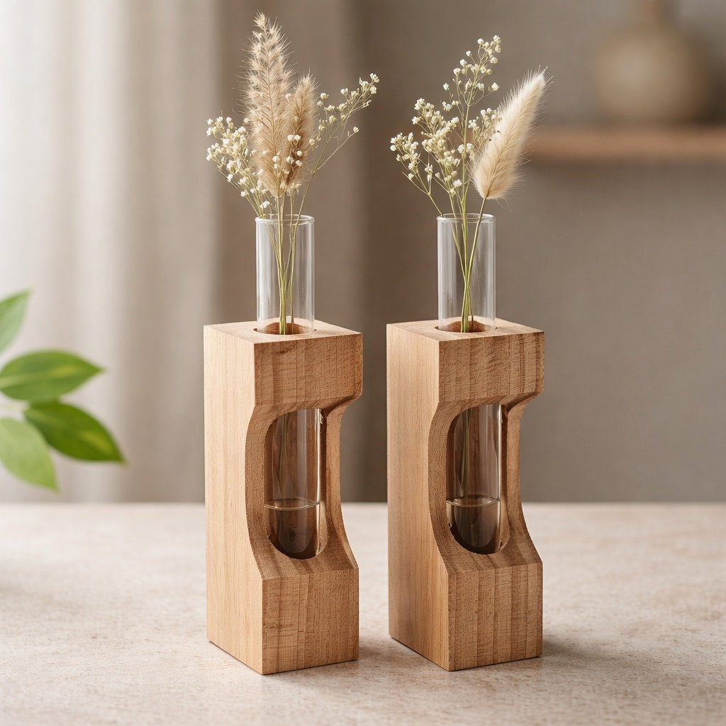 Maple Propagation Station Pair with Bud Vases, 3x1.75x10 inches, contemporary decor, functional, unique gift, test tube planters