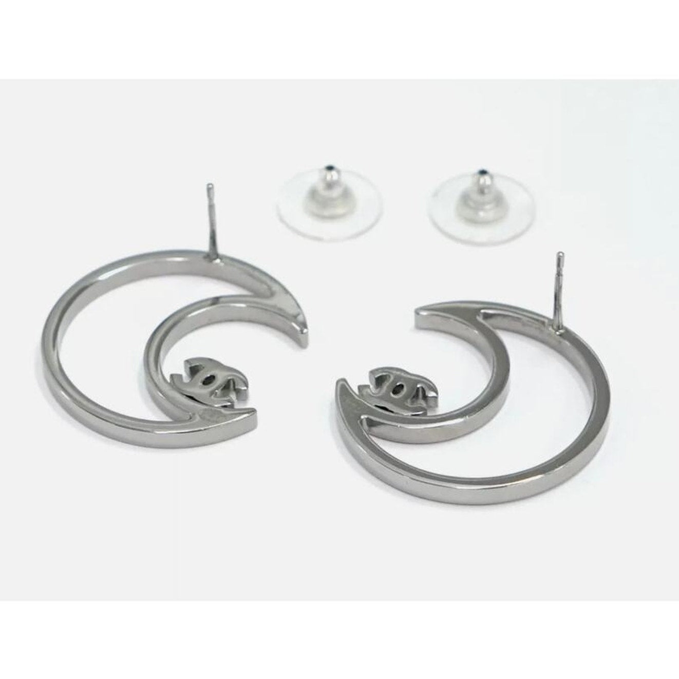 Chanel CC Moon Crystal Earrings | Silver-Tone | 1" | Pierced | Excellent