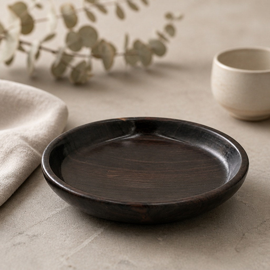 Minimal Dark Wood Serving Bowl 9x2, hand crafted, functional dish, rustic modern decor, small fruit or snack