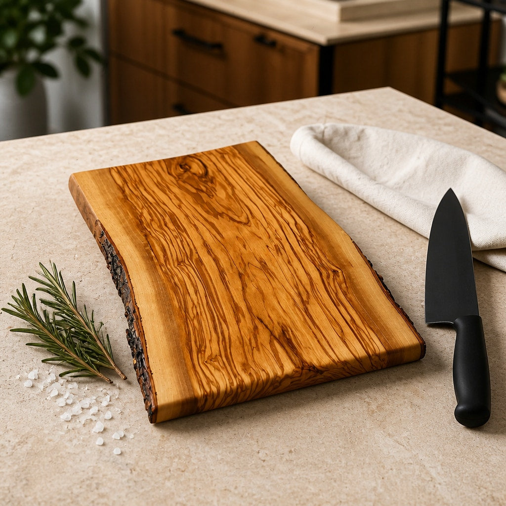 Italian Olive Wood Charcuterie Board 15x10x.75, live edge serving tray, durable cutting board, natural grain pattern, handcrafted kitchen, o