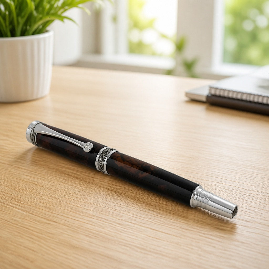 Custom Walnut Burl Rollerball Pen, Majestic Junior, Silver Hardware, Handcrafted Writing Gift