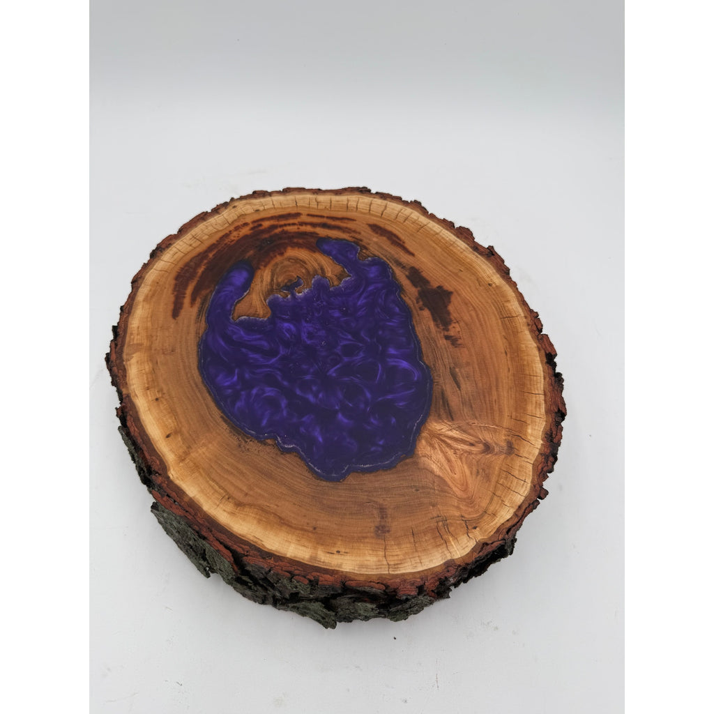 Hollow Cherry Log Charcuterie Board, Purple Epoxy Accents, Natural Bark Edge, 13x12x3, SKU 1416