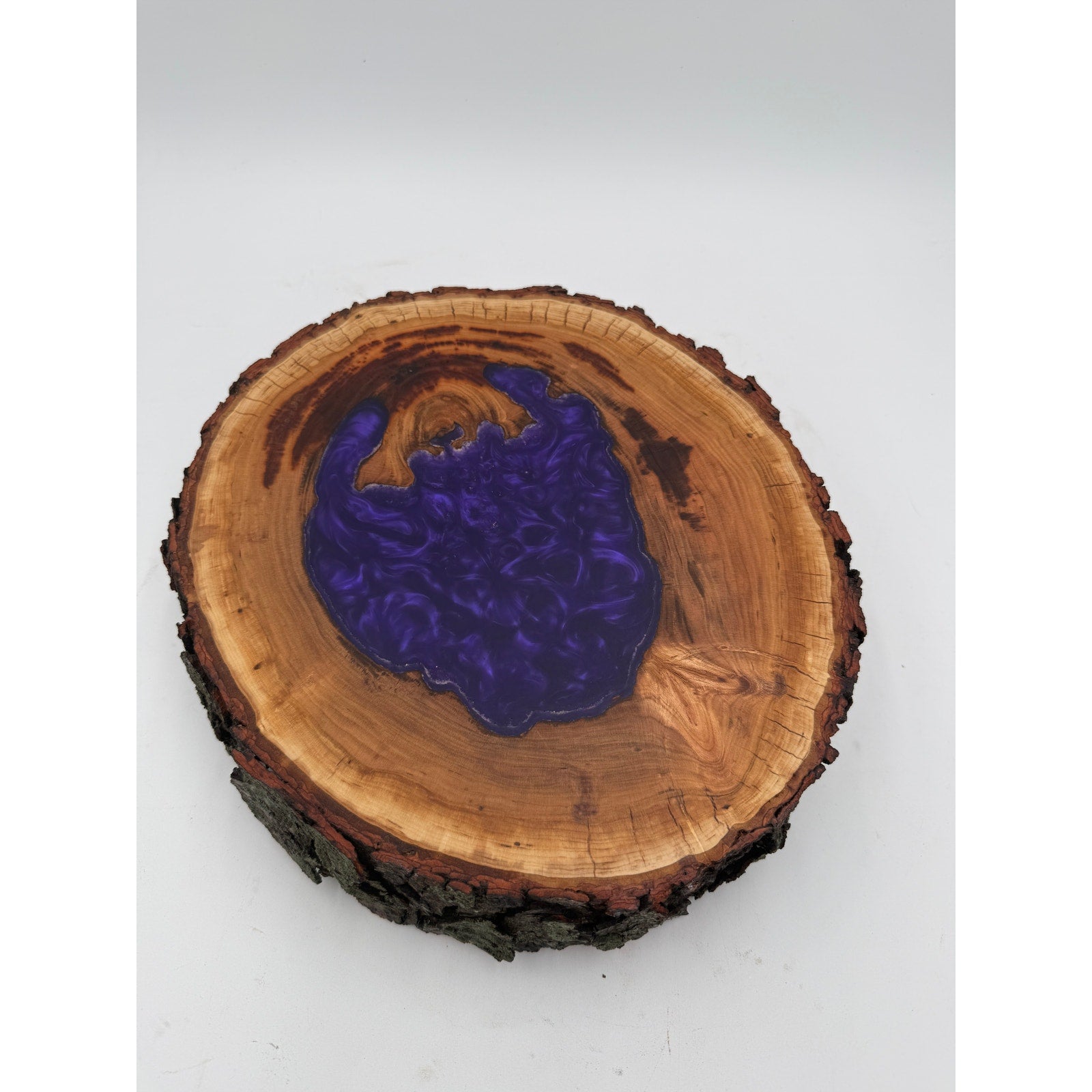 Hollow Cherry Log Charcuterie Board, Purple Epoxy Accents, Natural Bark Edge, 13x12x3, SKU 1416