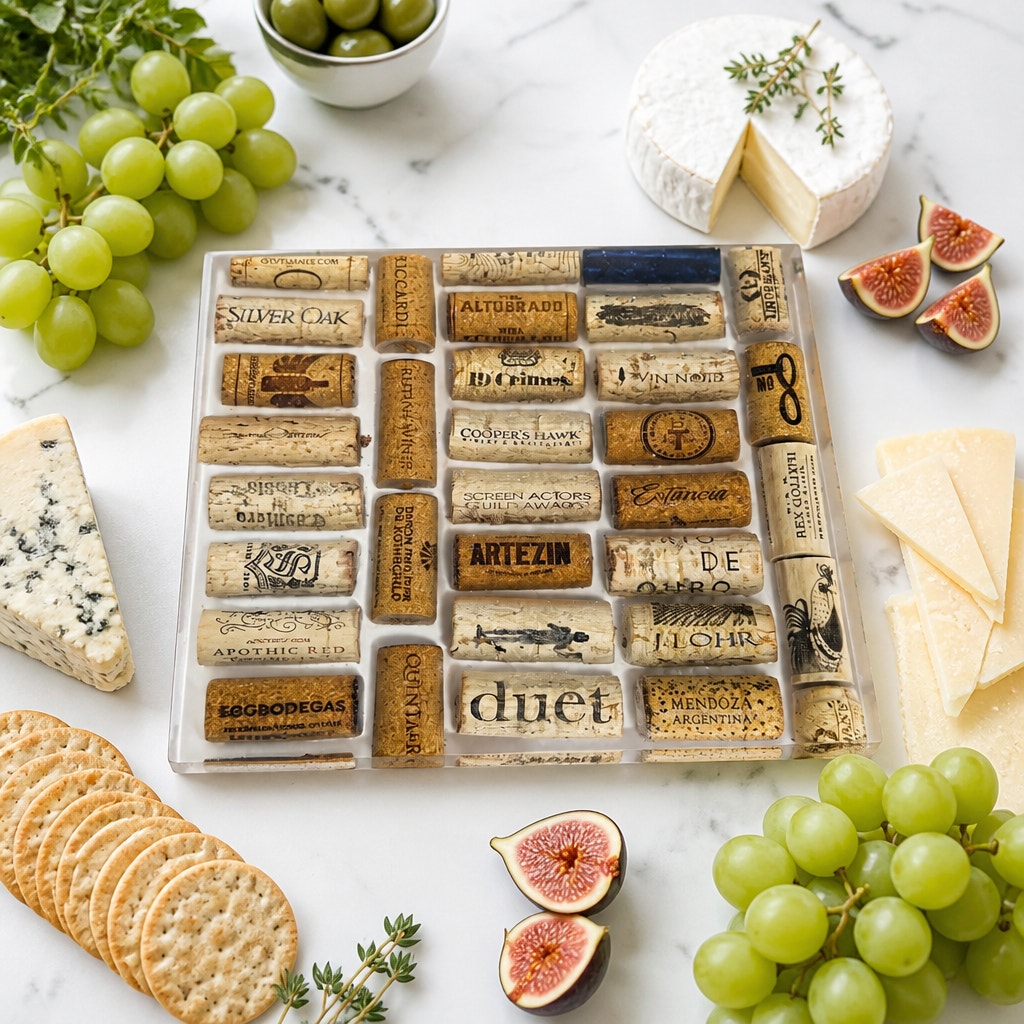 Handcrafted Wine Cork Charcuterie Board, Clear Epoxy, Compact Bar Board, SKU 1433