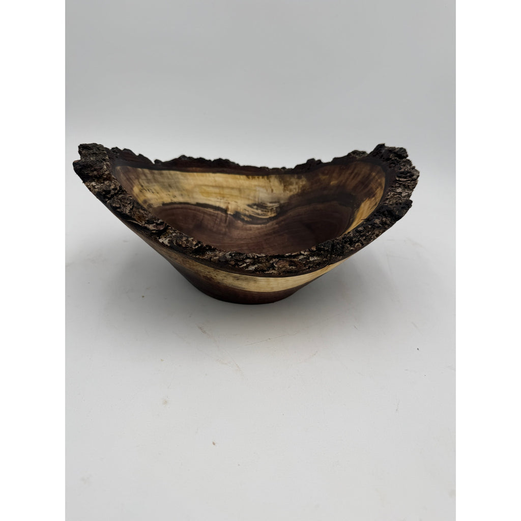 Live Edge Walnut Bark Rim Hand Turned Bowl, 11x8 size, 4.5 in tall, food safe finish, rustic centerpiece, artisan made