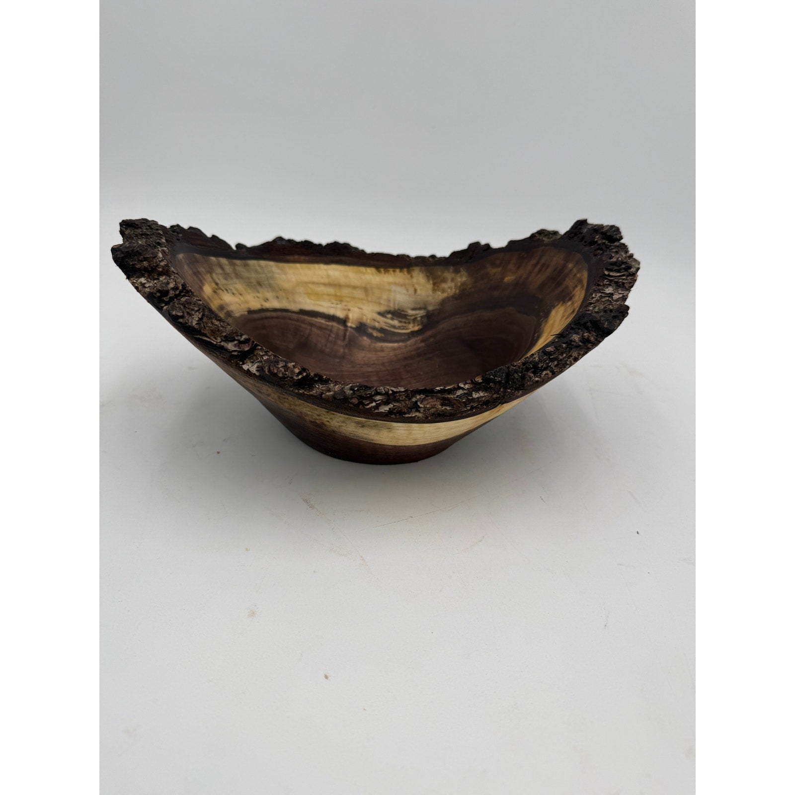 Live Edge Walnut Bark Rim Hand Turned Bowl, 11x8 size, 4.5 in tall, food safe finish, rustic centerpiece, artisan made