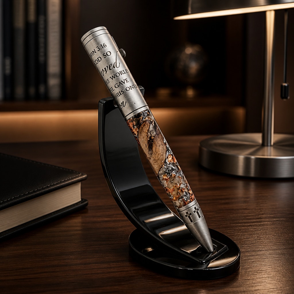 Premium Hand Turned Christian Pen, grapevine and clear epoxy body, metal cap engraved John 3:16, luxury writing gift for him