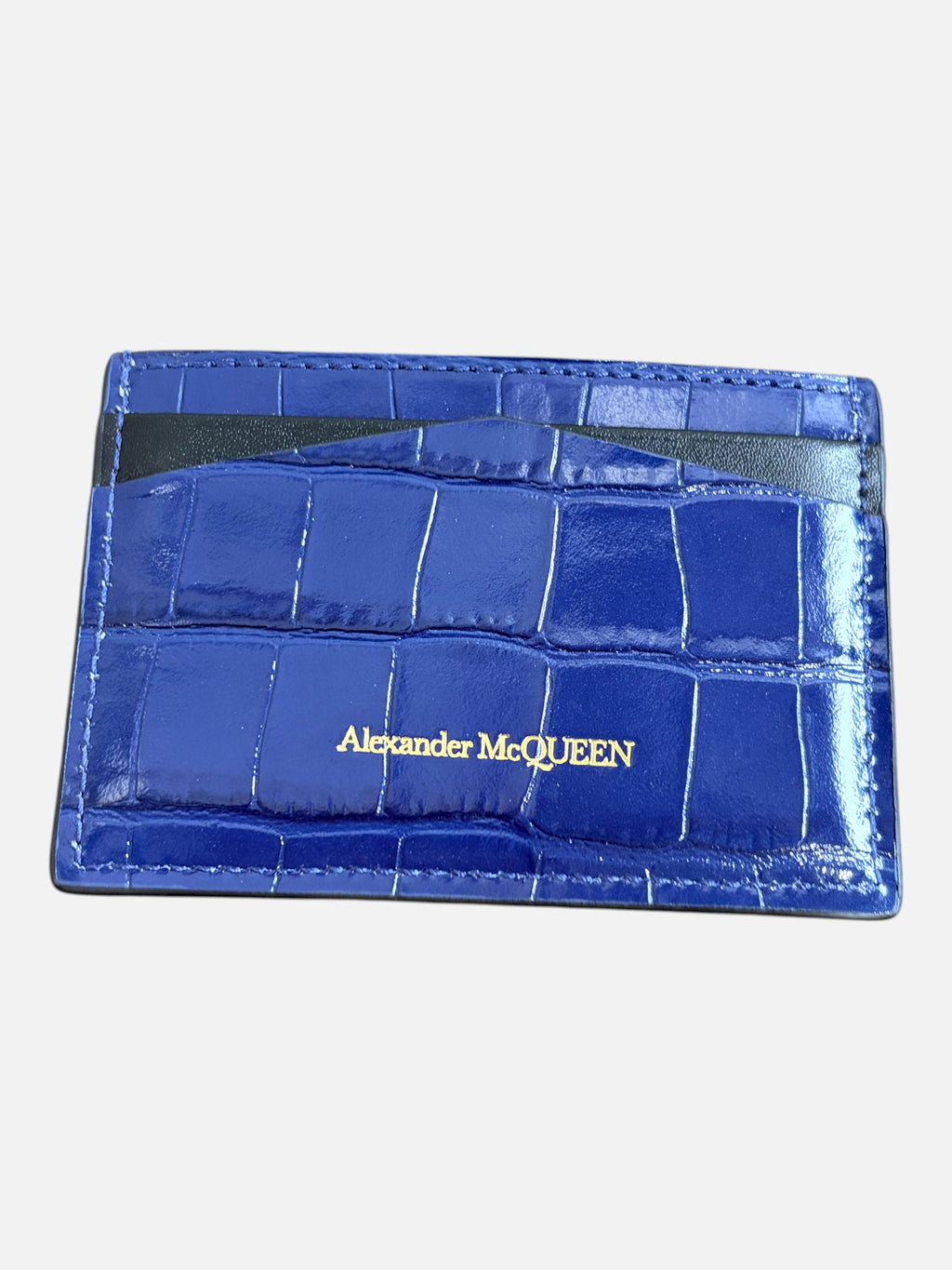 CURATED by Kira Alexander McQueen navy patent crocodile embossed leather card holder with gold logo detail