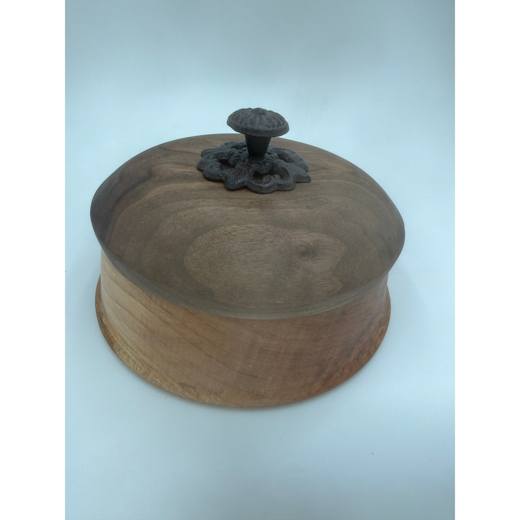 Figured Maple Turned Bowl with Lid, Walnut Top, Wrought Iron Handle, SKU 1464
