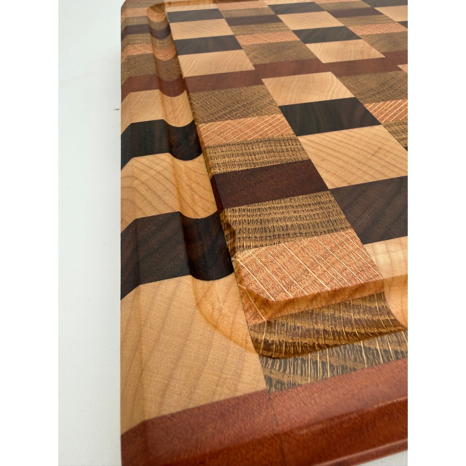 Premium End Grain Cutting Board Handmade, 16.5 x 11.5 x 1.75, mixed hardwoods, juice groove, finger grips, brass feet, gift ready
