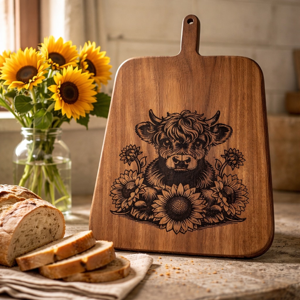 Walnut Charcuterie Board, Wood Burned Cow and Daisies, Handmade Serving Board, Unique Cheese Platter, High Quality
