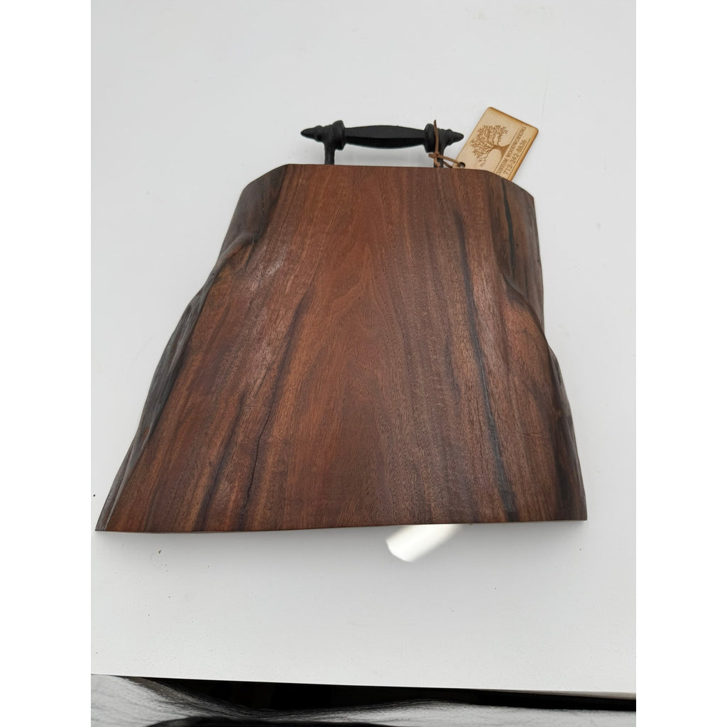 Heirloom Walnut Charcuterie Board with Handle, live edge serving tray, wrought iron handle, 13.75 x 14 x 1.75, thick substantial, functional