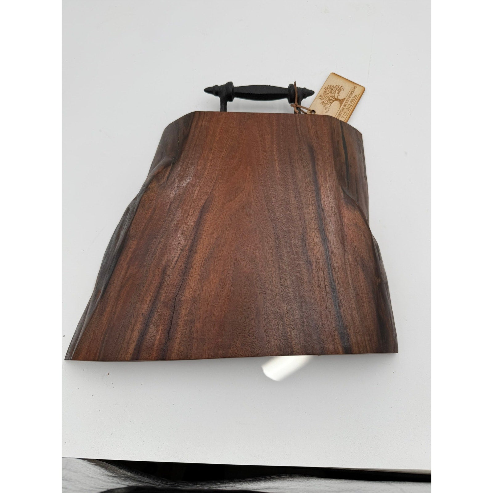 Heirloom Walnut Charcuterie Board with Handle, live edge serving tray, wrought iron handle, 13.75 x 14 x 1.75, thick substantial, functional