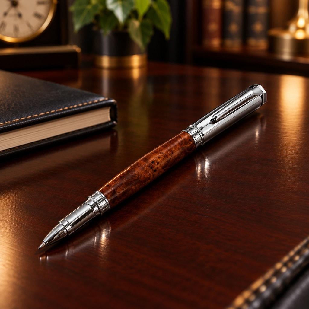 Vertex Rollerball Pen in Thuya Burl Wood, Hand Turned Barrel, Chrome Finish, SKU 1558