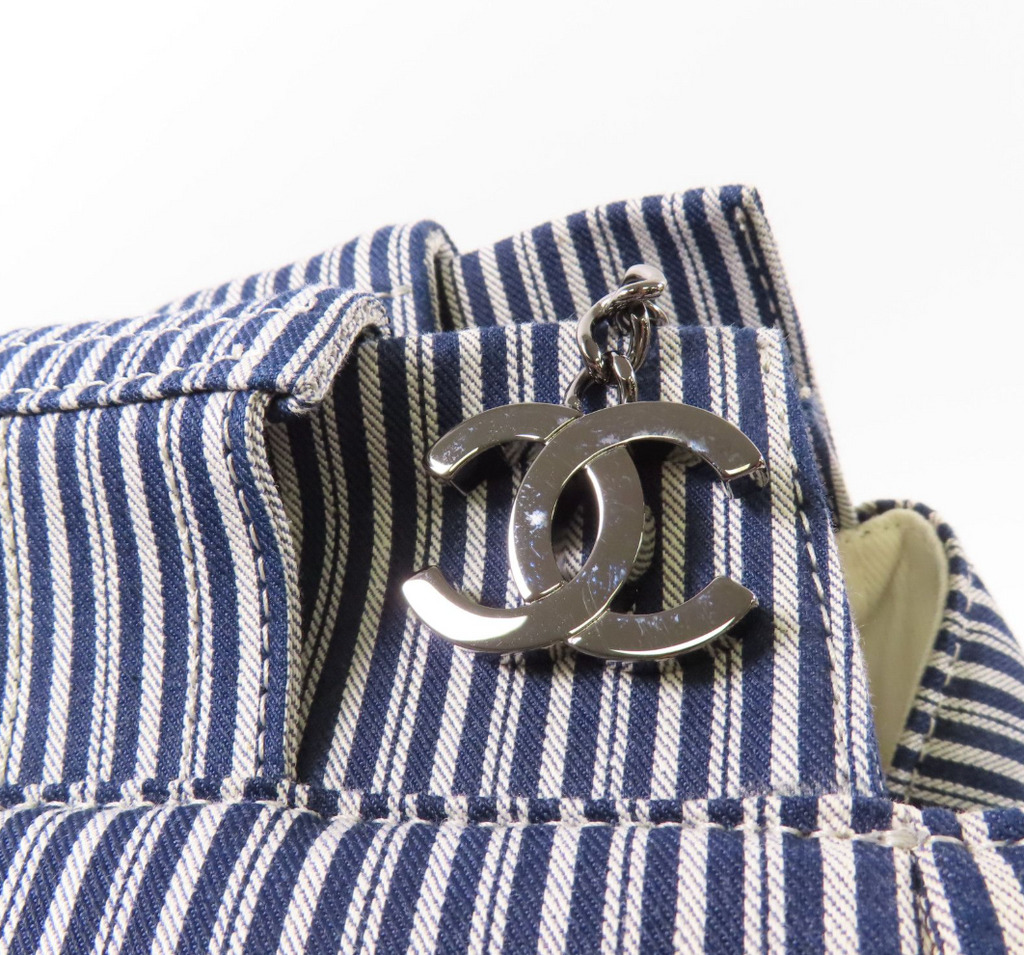 5396 - Chanel Canvas CC Striped Tote Bag Ginpaku Hand Stitched