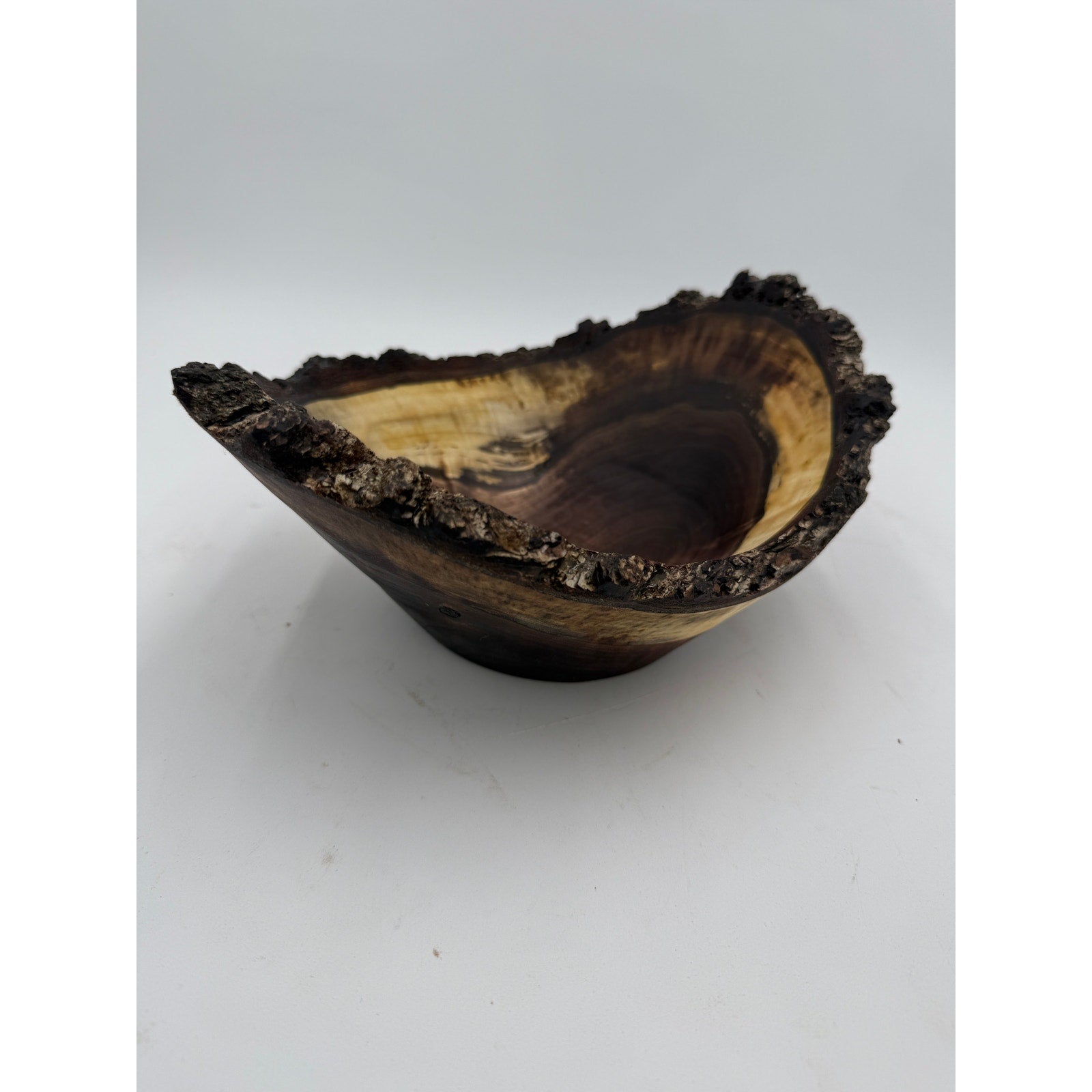 Live Edge Walnut Bark Rim Hand Turned Bowl, 11x8 size, 4.5 in tall, food safe finish, rustic centerpiece, artisan made