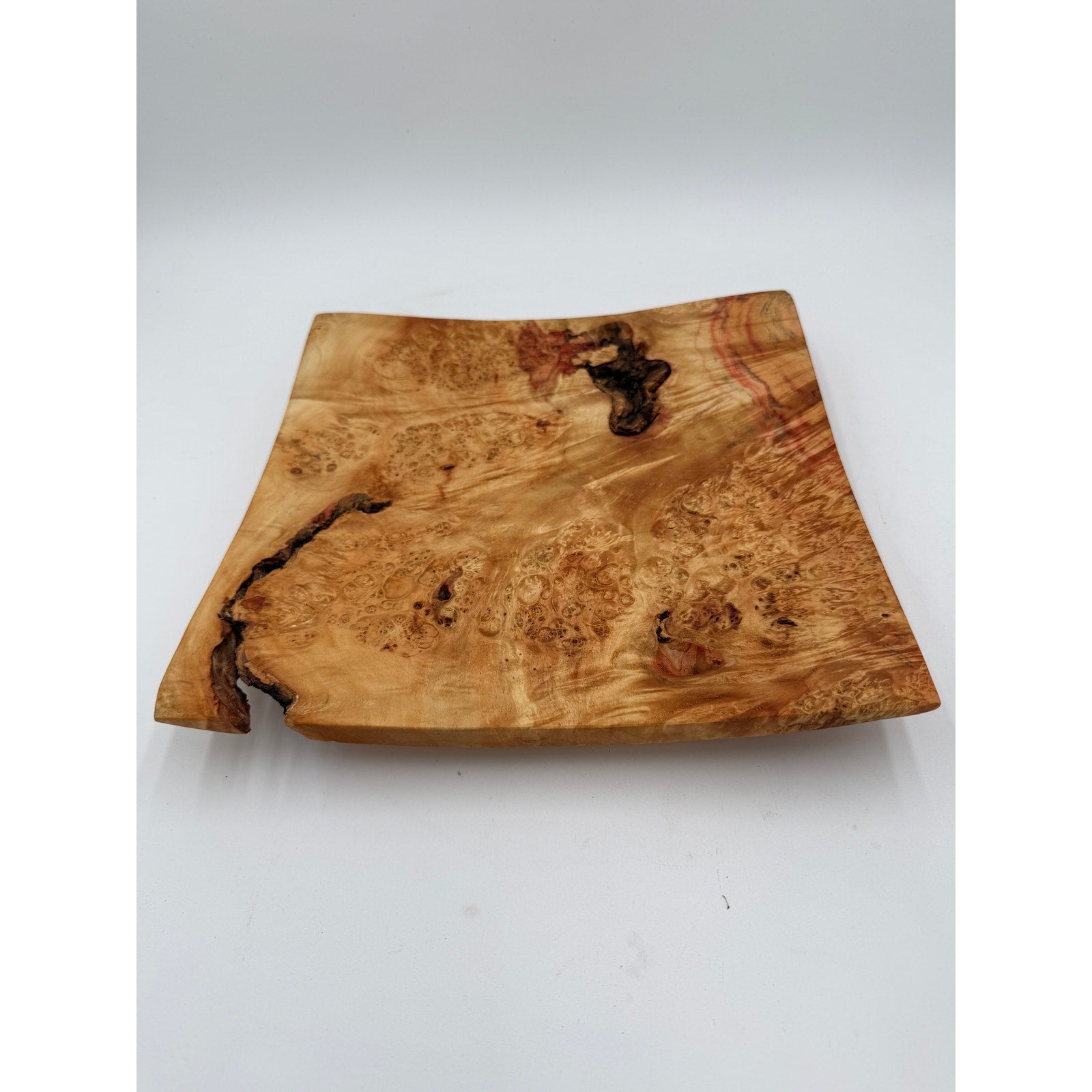 Box Elder Burl Hand Turned Square Bowl, 12x12x2 inches, natural edge, food safe finish, centerpiece decor