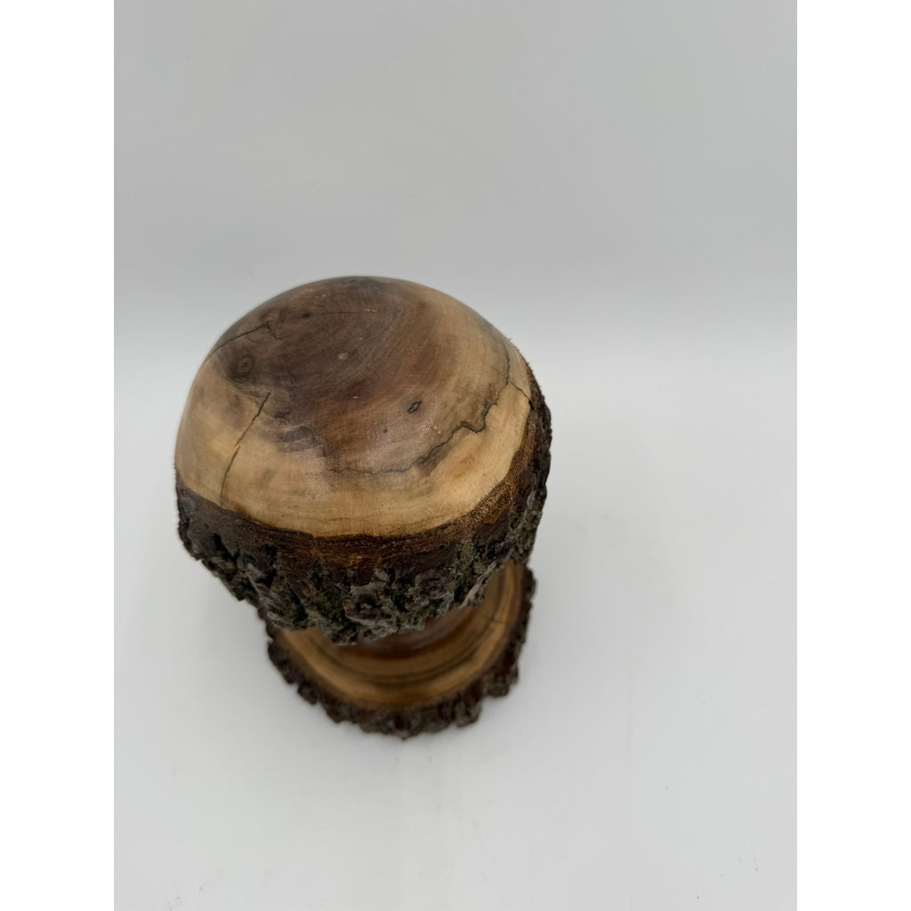 Live Edge Walnut Mushroom Tabletop Ornament, artisan woodturning, bark-on base and cap, natural walnut, 7" diameter, 9.5" height (SKU 1254)