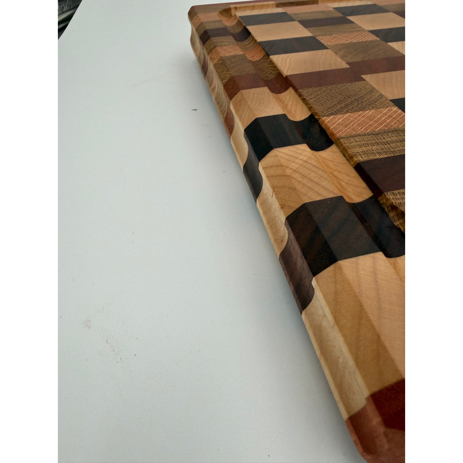 Premium End Grain Cutting Board Handmade, 16.5 x 11.5 x 1.75, mixed hardwoods, juice groove, finger grips, brass feet, gift ready