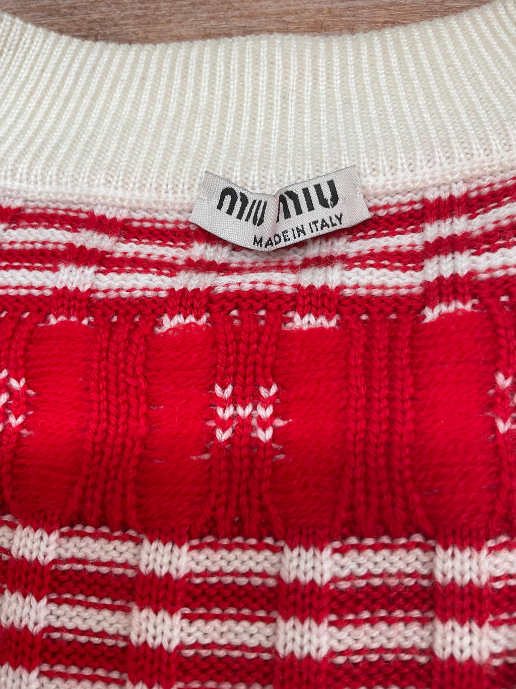 Miu Miu Wool Patterned Cardigan - Red & Cream  - Size 42 IT