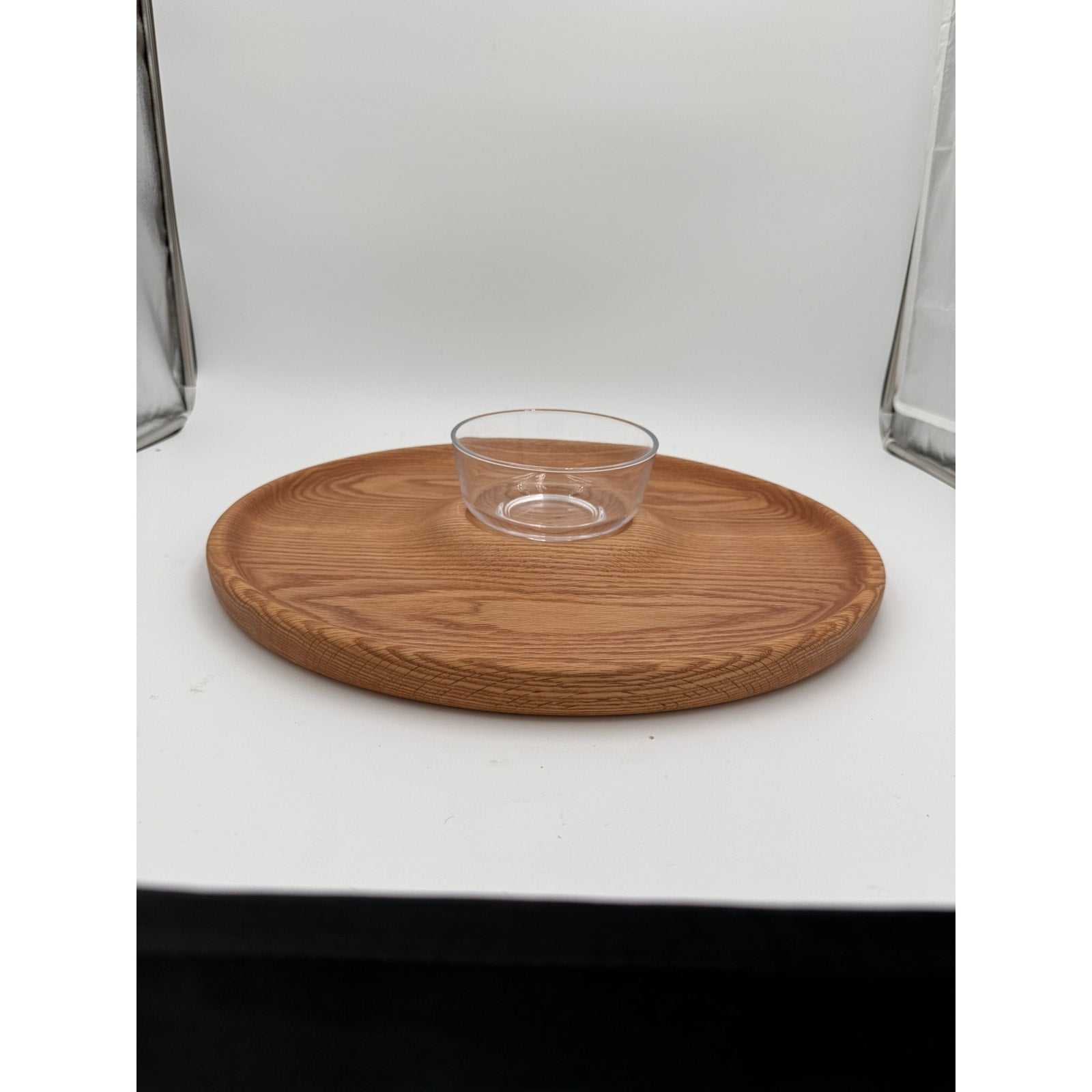 Handmade Round Oak Appetizer Tray with Bowl, 17.75 x 1.25 in, functional serving platter, chips salsa veggie server
