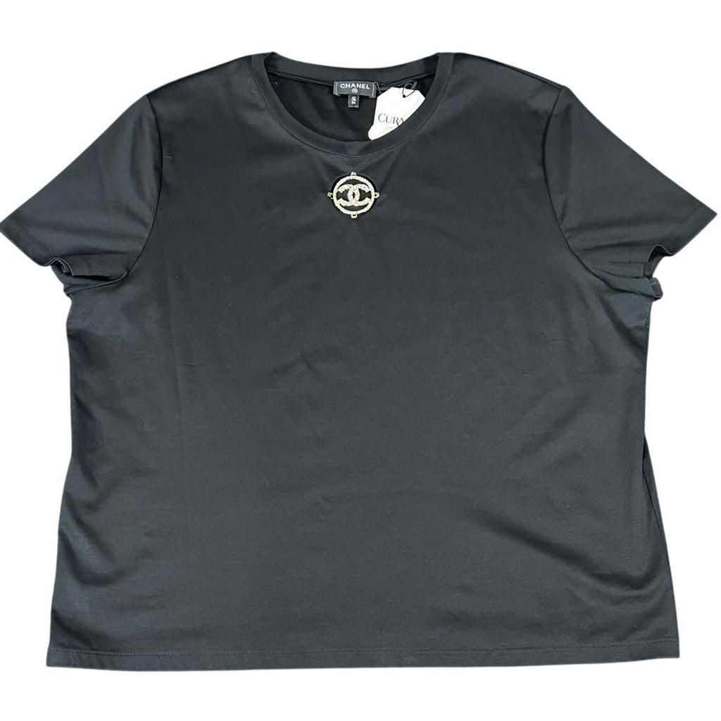 Chanel Black T-Shirt w/ Removable Crystal CC Brooch Size 42/44