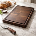 Walnut End Grain Carving Board for BBQ Feasts, extra large size, drip groove, dual grips, 20.25x12.25x1.25, chef quality