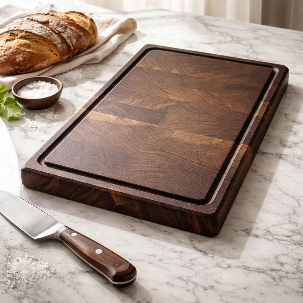 Walnut End Grain Carving Board for BBQ Feasts, extra large size, drip groove, dual grips, 20.25x12.25x1.25, chef quality
