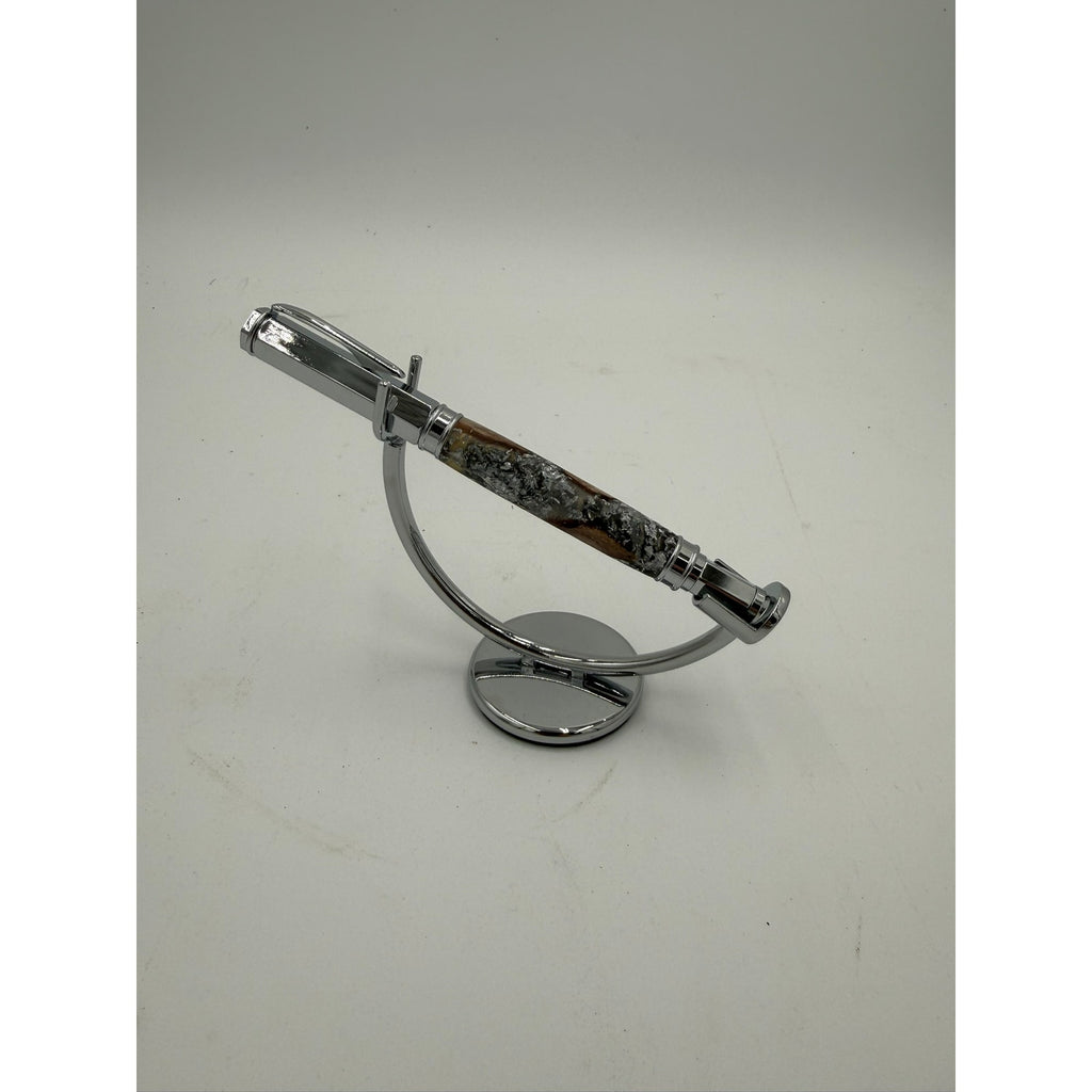 Hand Turned Fountain Pen with Silver Accents, epoxy barrel with silver flake and grapevine, includes ink pump and cartridge, handmade gift