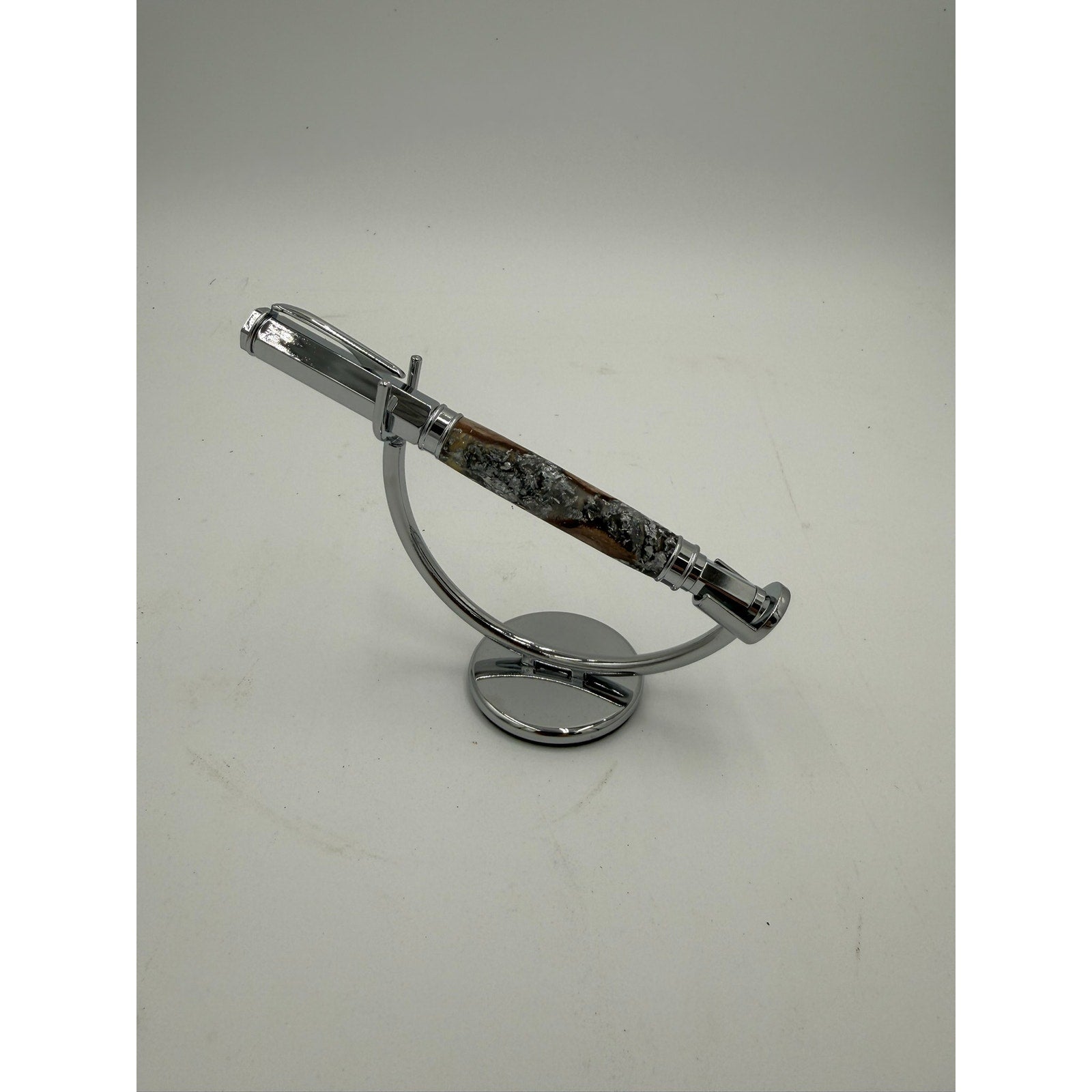 Hand Turned Fountain Pen with Silver Accents, epoxy barrel with silver flake and grapevine, includes ink pump and cartridge, handmade gift