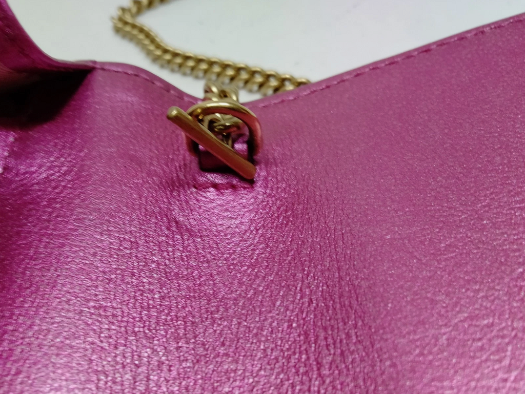 Gucci Marmont Wallet on Chain - Metallic Pink with Red Crystal GG Heart
