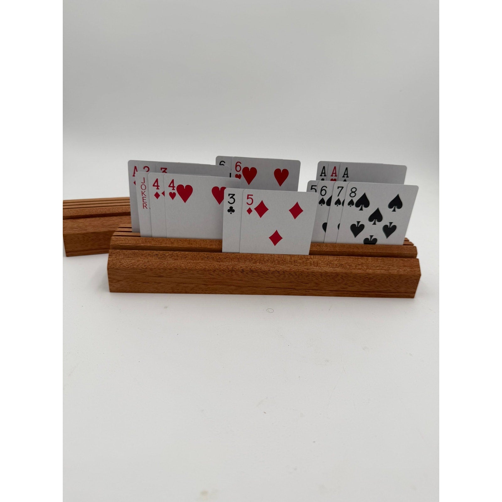 Handcrafted Wooden Playing Card Holder rack, 4-7 slot organizer, tabletop game accessory, bridge and poker aid