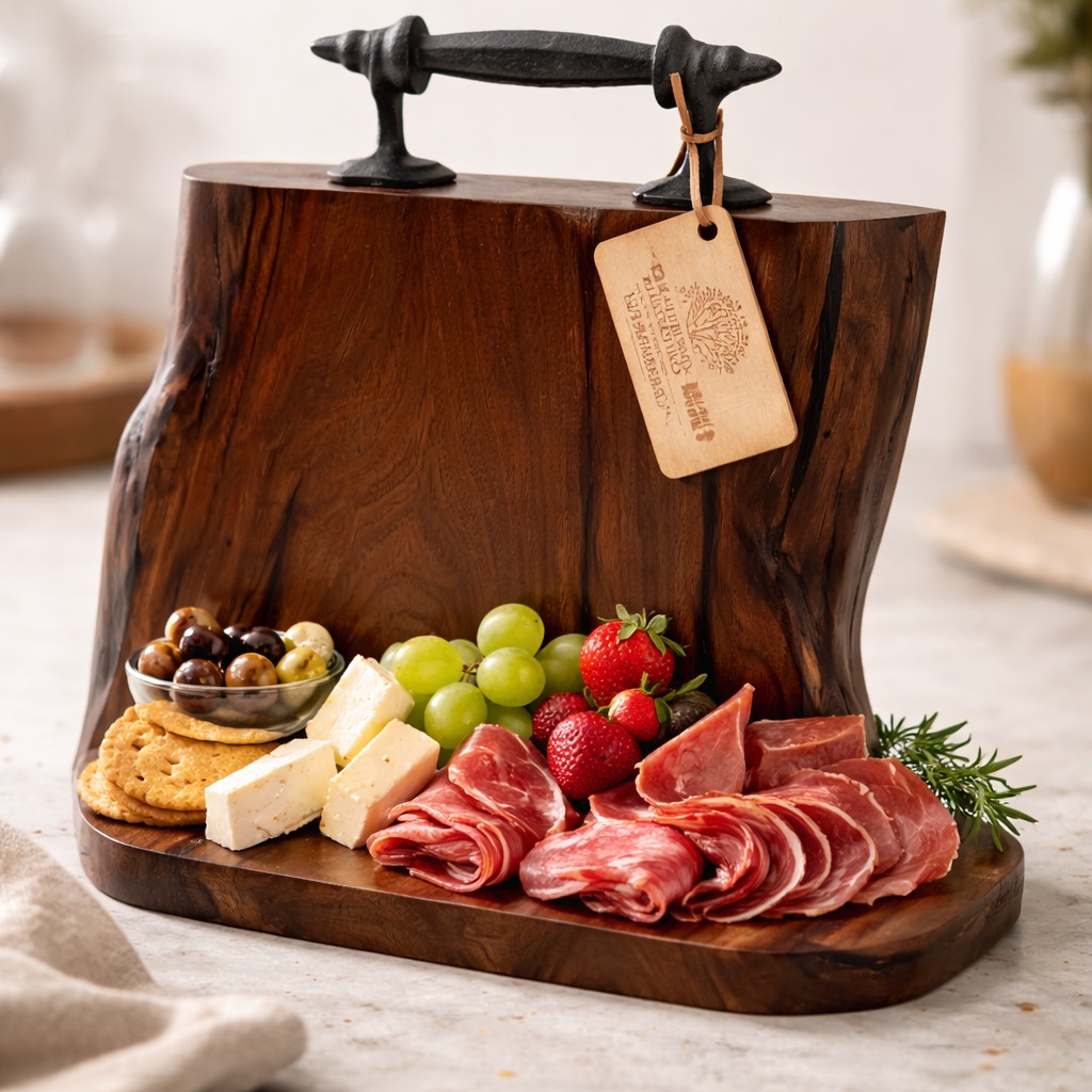 Heirloom Walnut Charcuterie Board with Handle, live edge serving tray, wrought iron handle, 13.75 x 14 x 1.75, thick substantial, functional