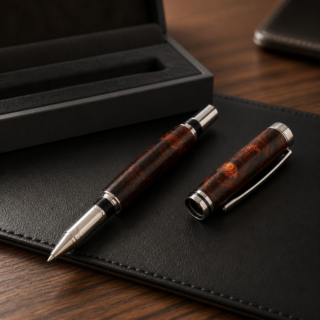 Hand Turned Honduran Rosewood Burl Pen, black titanium hardware, rollerball ink, handcrafted gift, executive writing pen