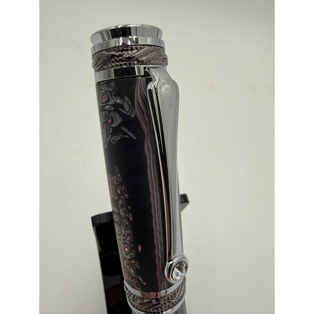 One of a Kind Fordite Barrel Rollerball Pen, handmade artisan pen, silver details, refillable ink, professional writing tool