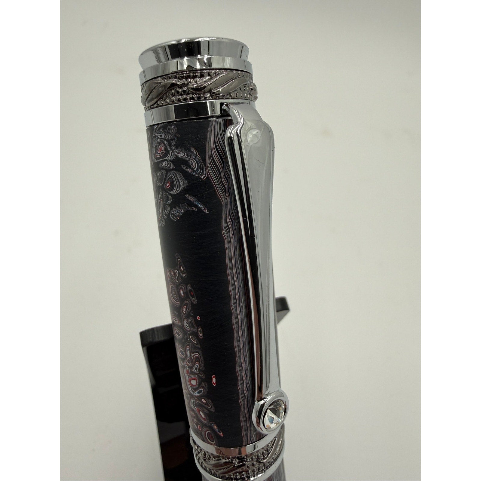 One of a Kind Fordite Barrel Rollerball Pen, handmade artisan pen, silver details, refillable ink, professional writing tool