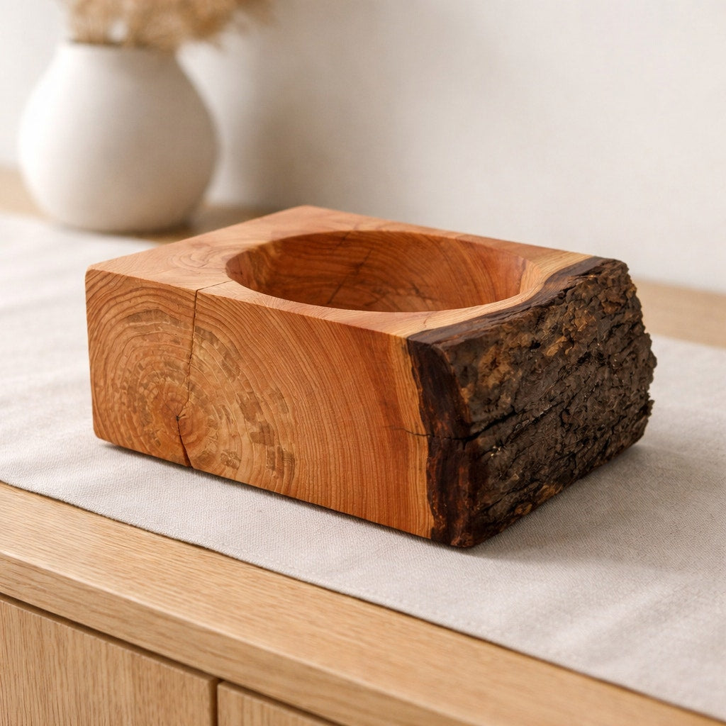 Natural edge fir wood centerpiece bowl, handmade rustic decor, live bark rim, 10.5 x 8.5 x 4.75 in, functional and decorative