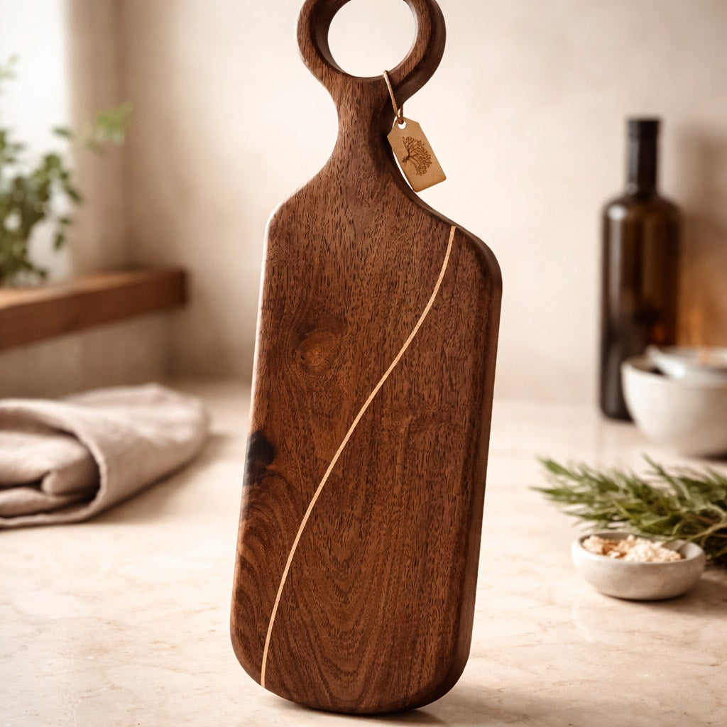 Walnut Charcuterie Board with Maple Inlay, 26.75 x 7.25 x 0.75, serving tray, decorative kitchen, hostess gift