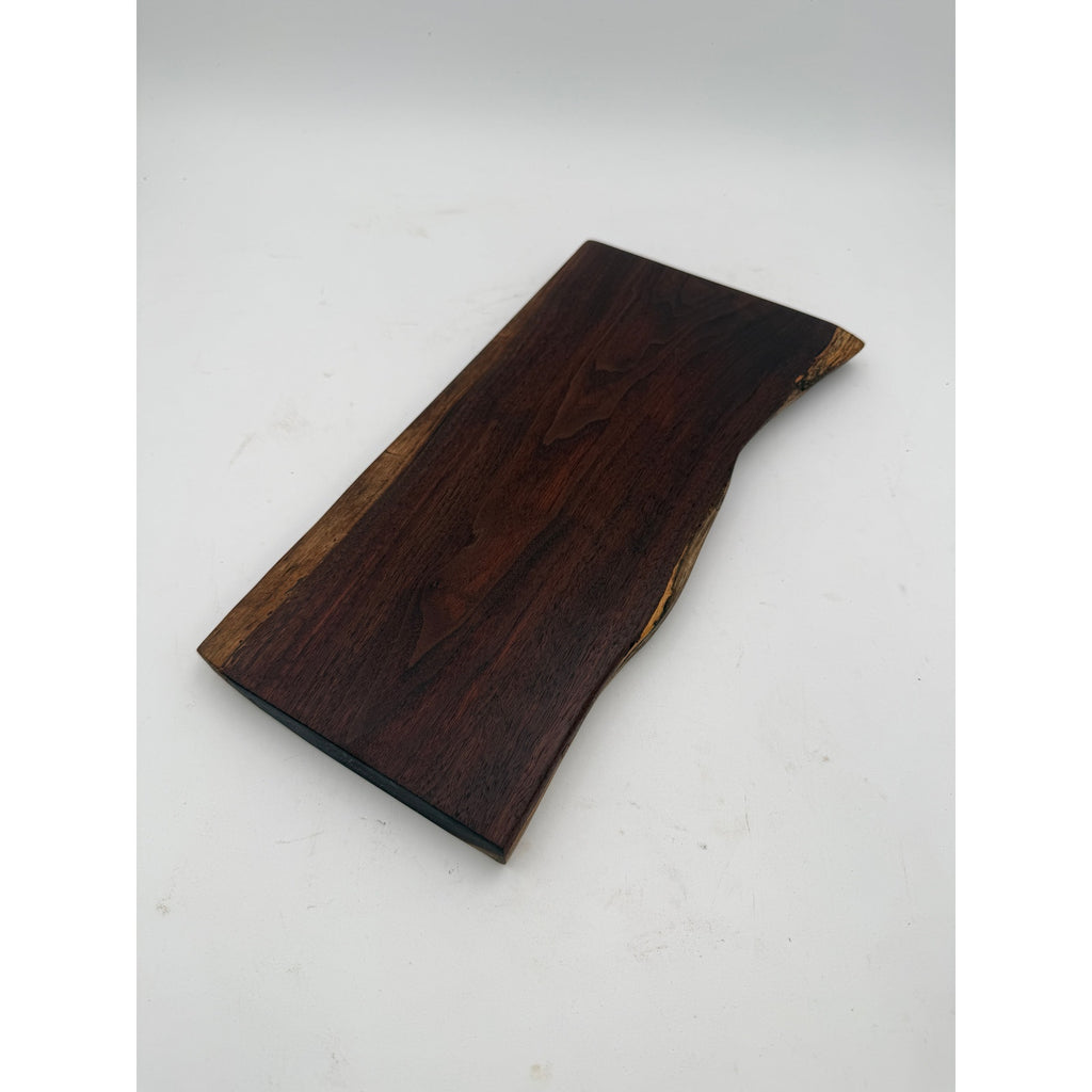Handcrafted Walnut Live Edge Charcuterie Board, 15x8x1 size, rich dark coloring, intricate grain pattern, food safe finish