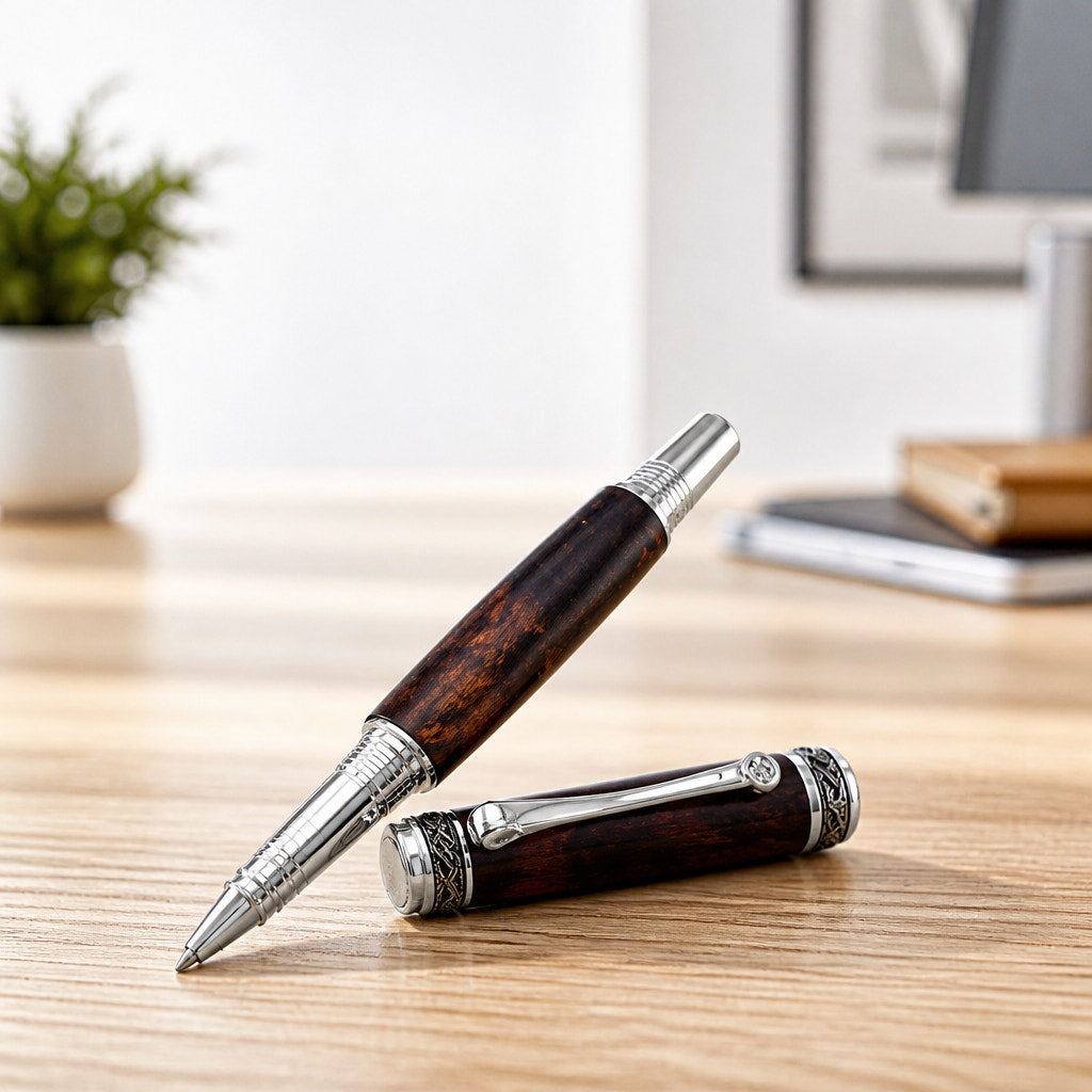 Custom Walnut Burl Rollerball Pen, Majestic Junior, Silver Hardware, Handcrafted Writing Gift