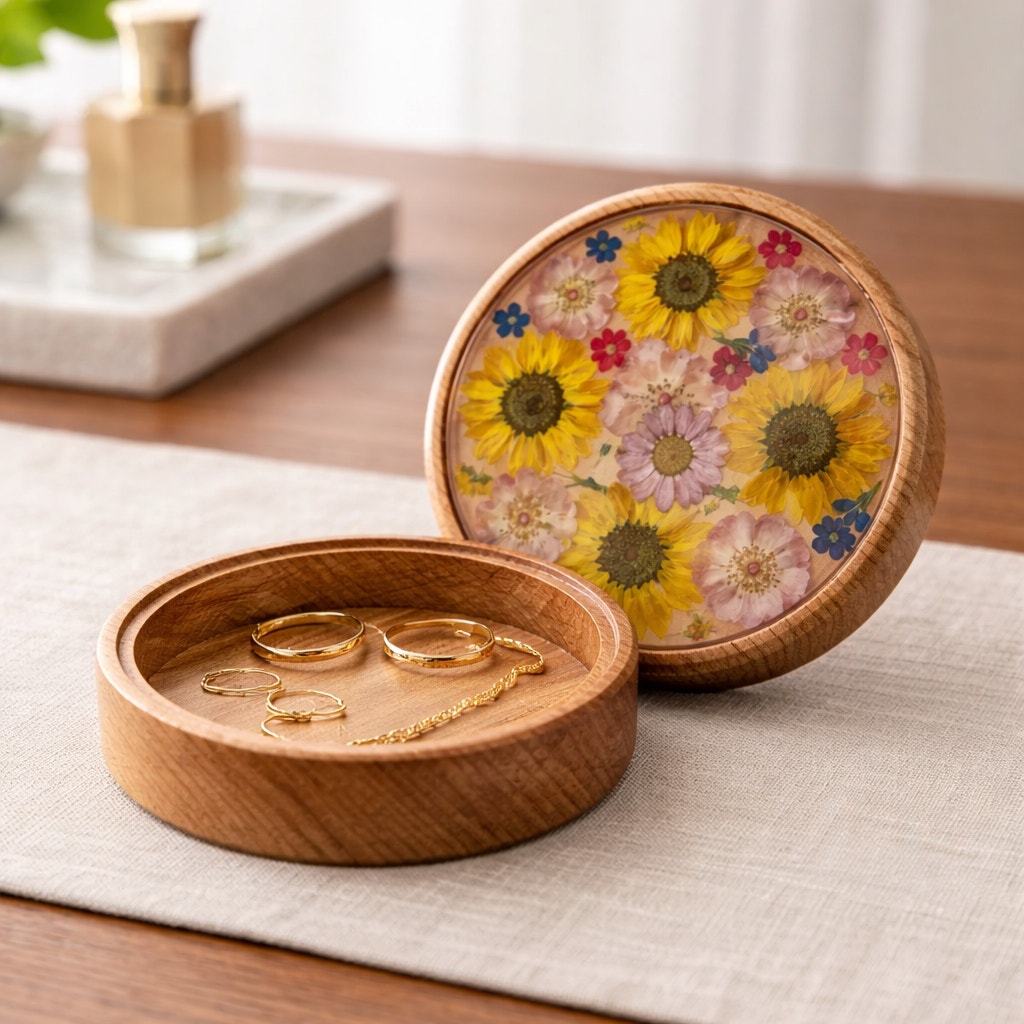 Figured Maple Floral Keepsake Box with Lid, pressed flowers in epoxy inlay, hand turned wood, jewelry storage, 7.75 x 2 in, one of a kind