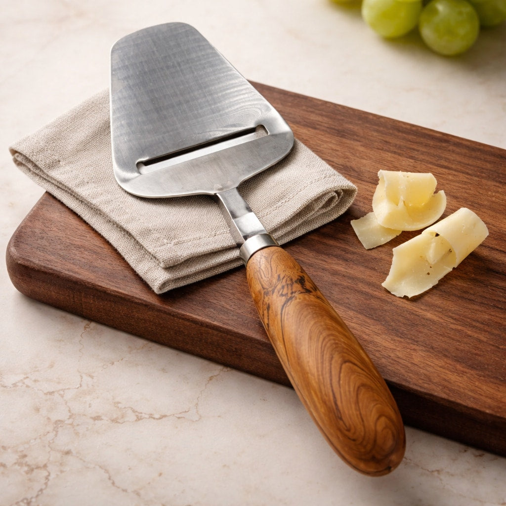 Hand Turned Hardwood Handle Cheese Plane, stainless steel blade, smooth thin slices, artisan kitchen tool, gift ready