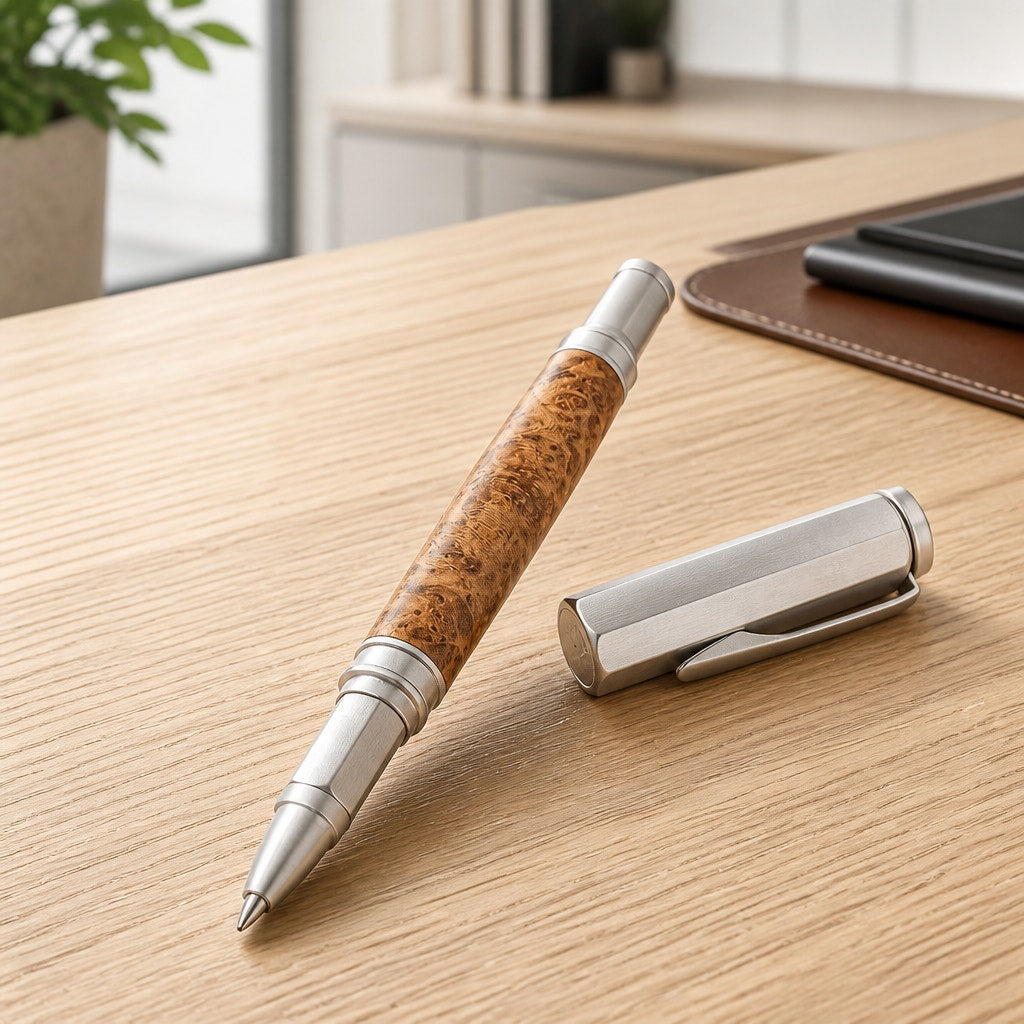 Vertex Fountain Pen in Spalted Tamarind, Hand Turned Barrel, Ink Pump, Cartridge, SKU 1469