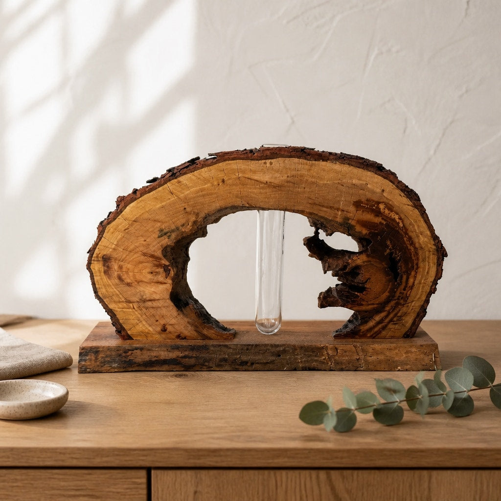 Live Edge Black Cherry Log Bud Vase and Stand, hollow log sculpture, glass propagation tube, rustic mantel decor, 16 x 9 x 4 in