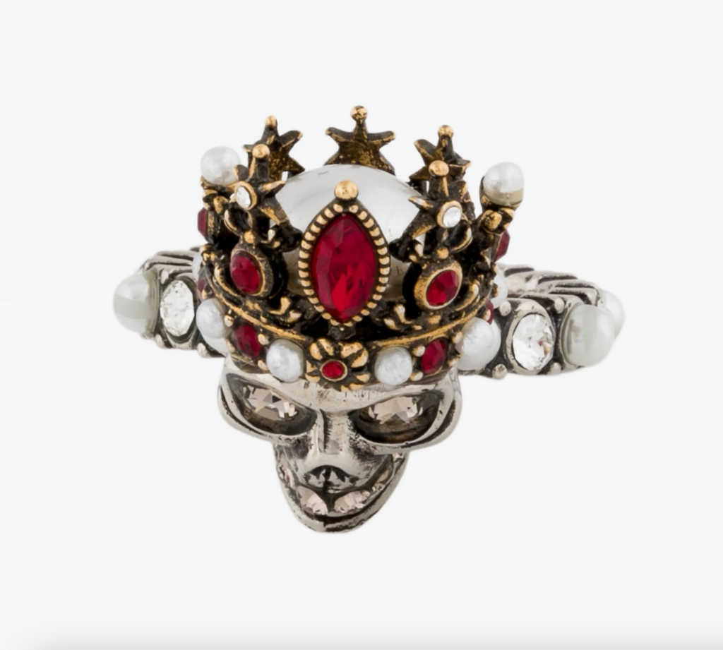 7238 - Alexander McQueen Crystal & Faux Pearl Queen Skull Ring
