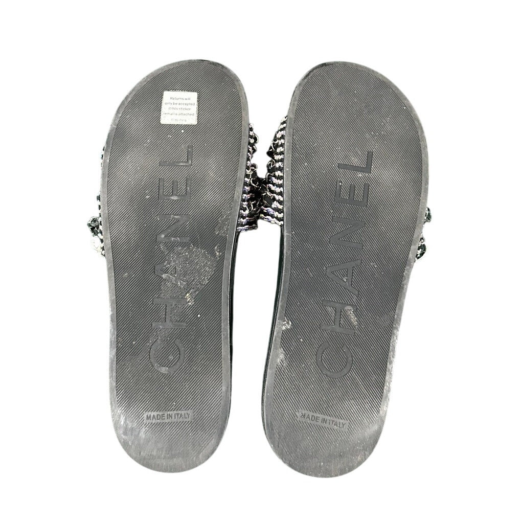 Chanel 2017 Interlocking CC Tweed Slides Chain Logo Sandals 41